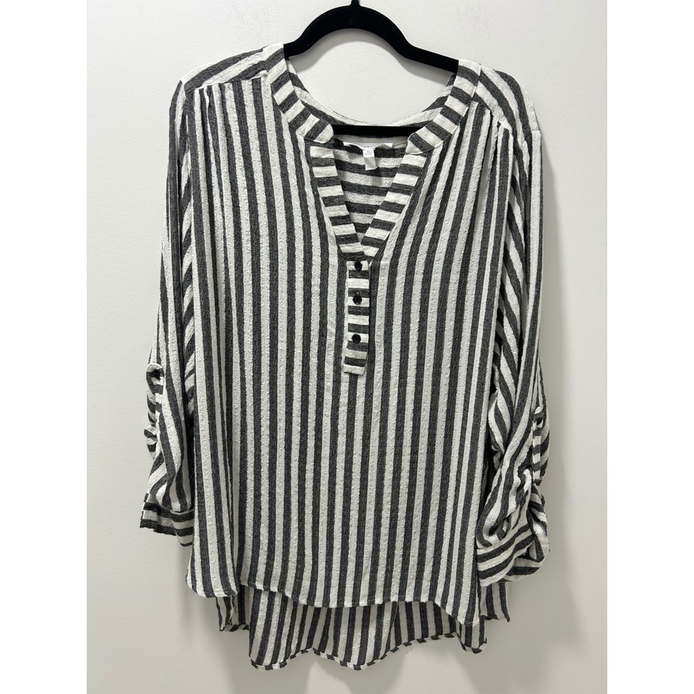 Jane + Delancey Striped Henley Blouse Roll Tab Sleeve Gray White Plus Size 3X
